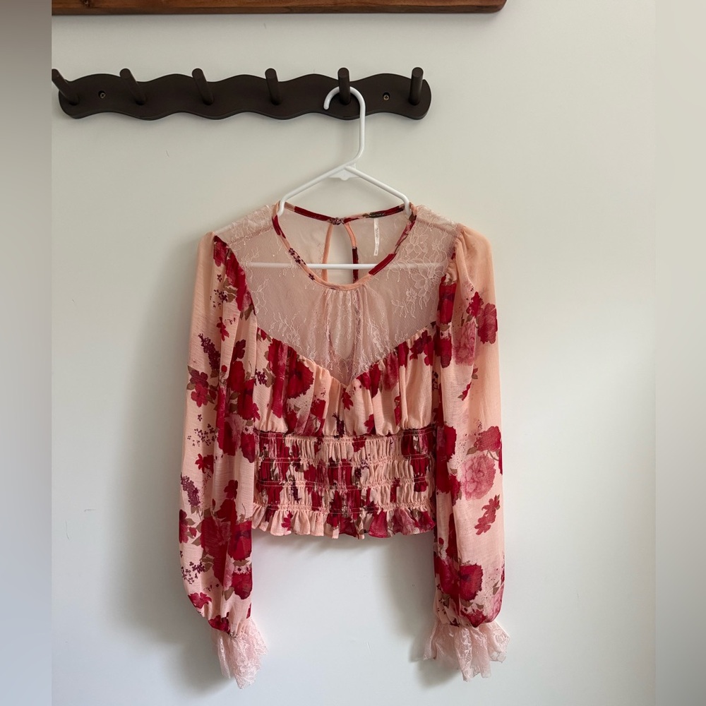Free People Daphne Blouse in a pink and red floral - Picture 2 of 6